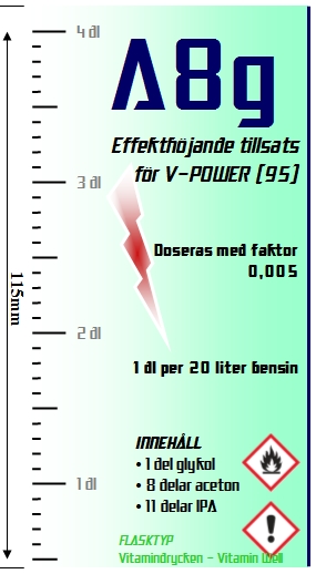 H=12,5 cm & B=6,8 cm gällande Vitamin Well. Under denna bild finns en etikett som passar till flaska för karburatorskydd (9,0 x 11,5 cm).