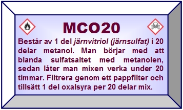 En etikett för MCO20 när ämnet ska förvaras i en flaska. H=5 cm & B=8,3 cm